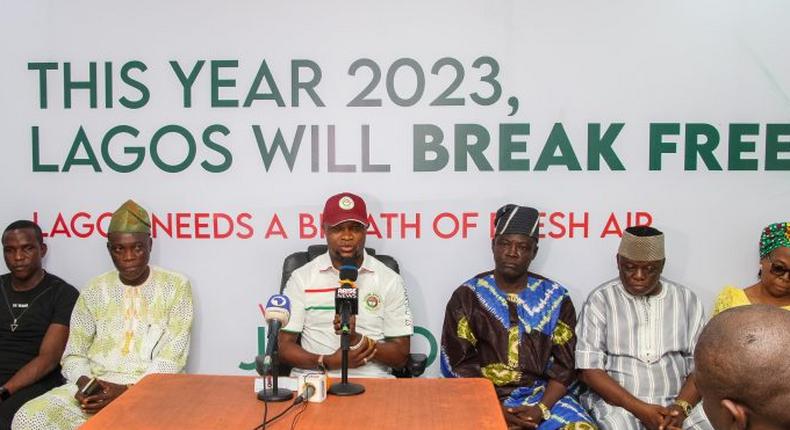 Lagos PDP Governorship Candidate, Dr Abdul-Azeez Adediran ( Third Left) and other PDP State Excos at a news conference on Thursday in Lagos.