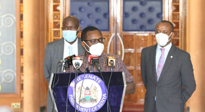 Senate Speaker Ken Lusaka addresses the media after receiving a report from the Senate Legal Committee