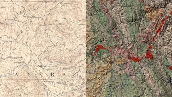 Po lewej mapa geologiczna Jackson Peak w Kalifornii z 1894 r. Po prawej — mapa tego samego regionu po obróbce przez sztuczną inteligencję