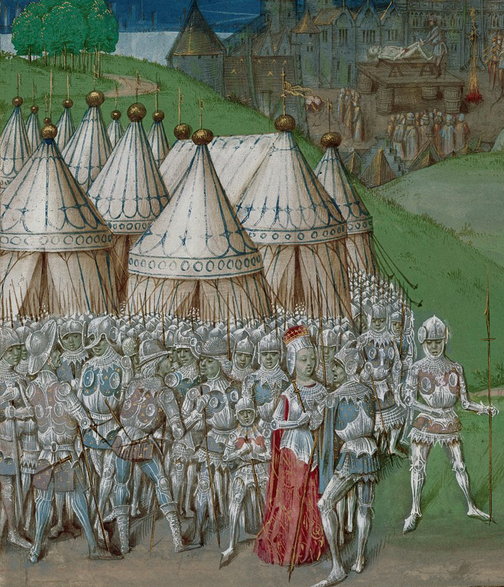 Ilustracja manuskryptu z XIV wieku Na pierwszym planie królowa Izabela i Roger Mortimer