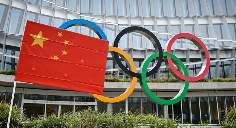 A Chinese flag flutters in front of the IOC headquarters during a protest by activists of the International Tibet Network against the Beijing 2022 Winter Olympics on February 3, 2021 in Lausanne.
