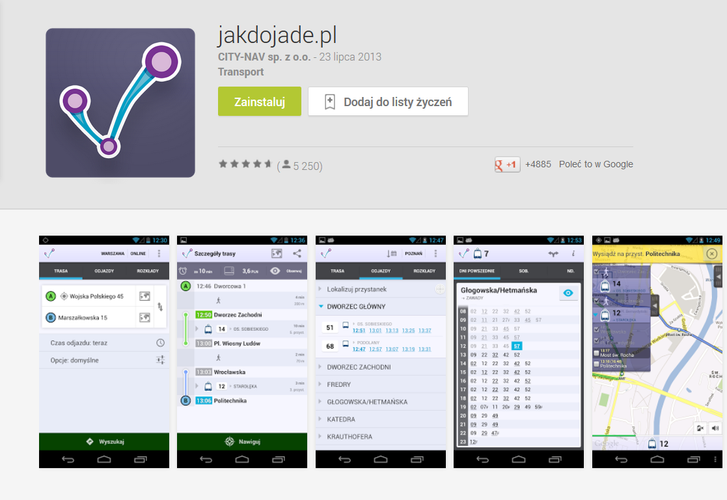 <b>jakdojade.pl</b>
<br><br>
Polska aplikacja, która sprawi, że już nigdy nie zgubimy się w gąszczu komunikacji miejskiej. Szybko sprawdzimy, kiedy odjeżdża nasz najbliższy autobus czy też tramwaj. Jeśli nasza podróż wiąże się z kilkoma przesiadkami, jakdojade.pl pomoże nam wybrać optymalne połączenie. Możemy również zapisać rozkład jazdy autobusów na 