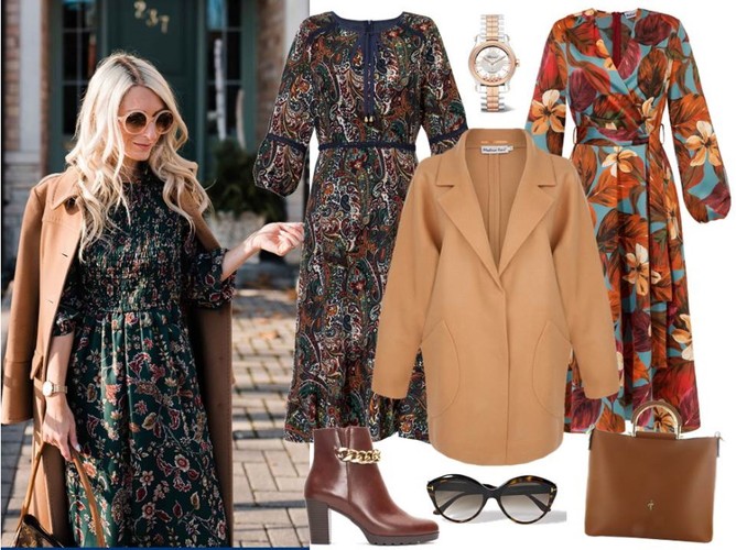 Modne i wygodne STYLIZACJE na zimne dni: sukienka we wzór etno - Midori Feminine Fashion/midori.pl, sukienka w kwiaty i beżowy płaszcz - Modern Line/ modernline.pl, buty i torebka - Menbur/menbur.pl, pozostałe dodatki - TK MAXX