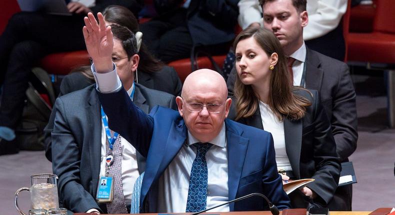 Russia's representative to the UN Vassily Nebenzia raises his hand to veto the non-proliferation of nuclear weapons resolution bill on April 24, 2024.Eduardo Munoz Alvarez/AP Photo