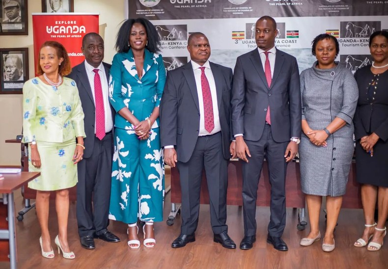 Akothee alongside some Kenyan & Ugandan leaders present at the Uganda-Kenya Coast Tourism Conference in Uganda on August 2024.