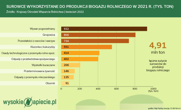 Surowce wykorzystane do produkcji biogazu rolniczego w 2021 r.