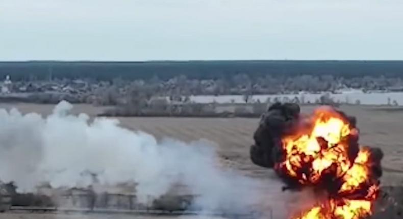 Footage appears to show a Russian helicopter bursting into flames after crashing to the ground.