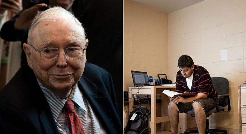 The late Charlie Munger (left) funded the construction of the Munger Graduate Residences (not pictured) at his alma mater, the University of Michigan. Aside from the common areas,  dorm rooms there are windowless.Johannes Eisele/AFP via Getty Images; Hill Street Studios via Getty Images