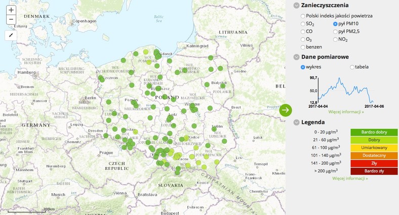 Stężenie pyłu PM10 - 2017-04-06 od godziny 04:00 do 05:00