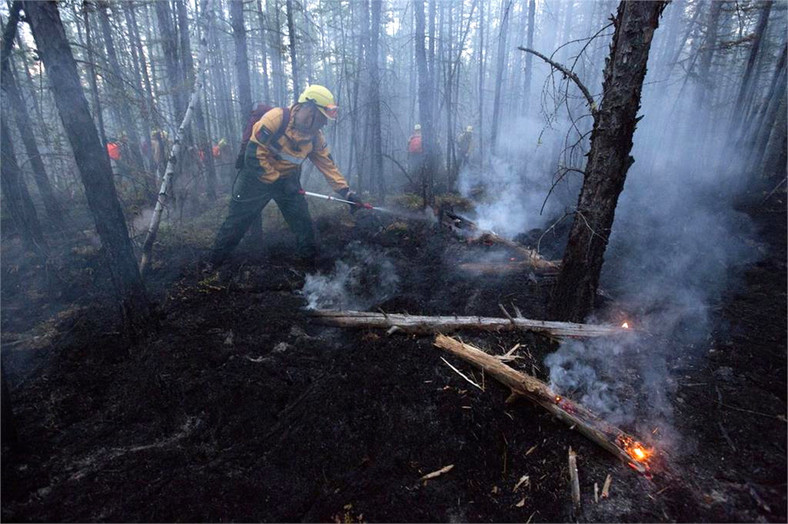 Strażak walczy z ogniem w rejonie Krasnojarska