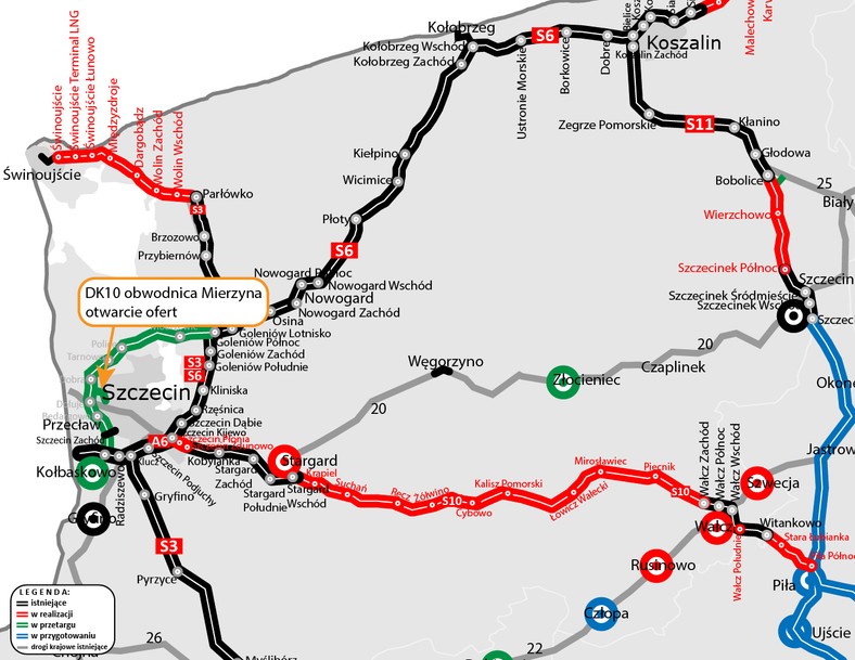 Mapa województwa z lokalizacją obwodnicy Mierzyna