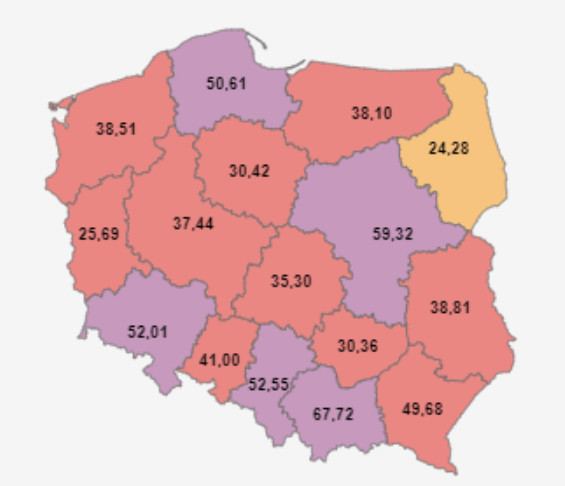 Zakażenia COVID-19 z ostatniego tygodnia w województwach