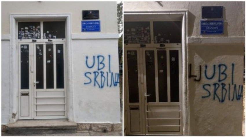 Grafit na fasadi zgrade zadarskog veća mesnog odbora na Stanovima i prepravljena verzija