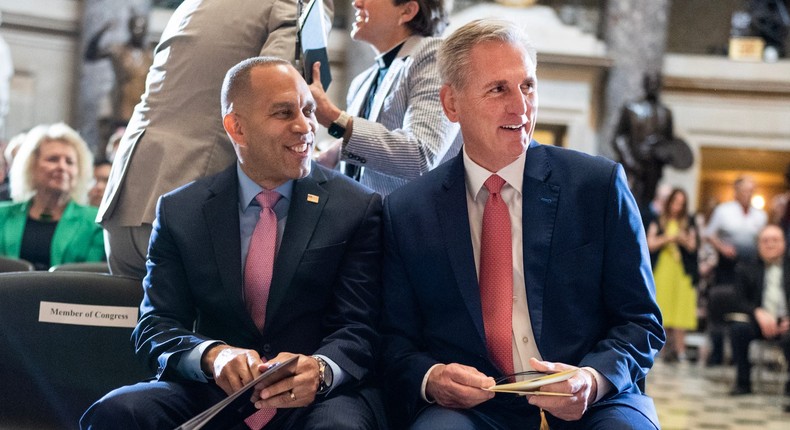 House Minority Leader Hakeem Jeffries and former House Speaker Kevin McCarthy in June 2023.Tom Williams/CQ-Roll Call via Getty Images