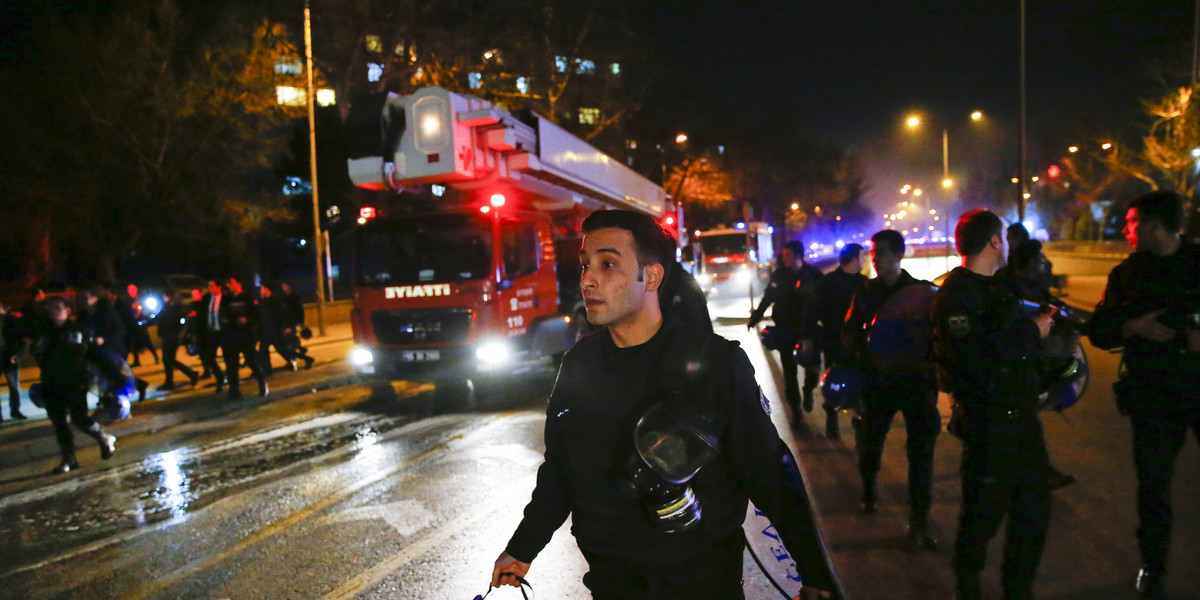 Cars of emergency services arrive after an explosion in Ankara, Turkey, on February 17.