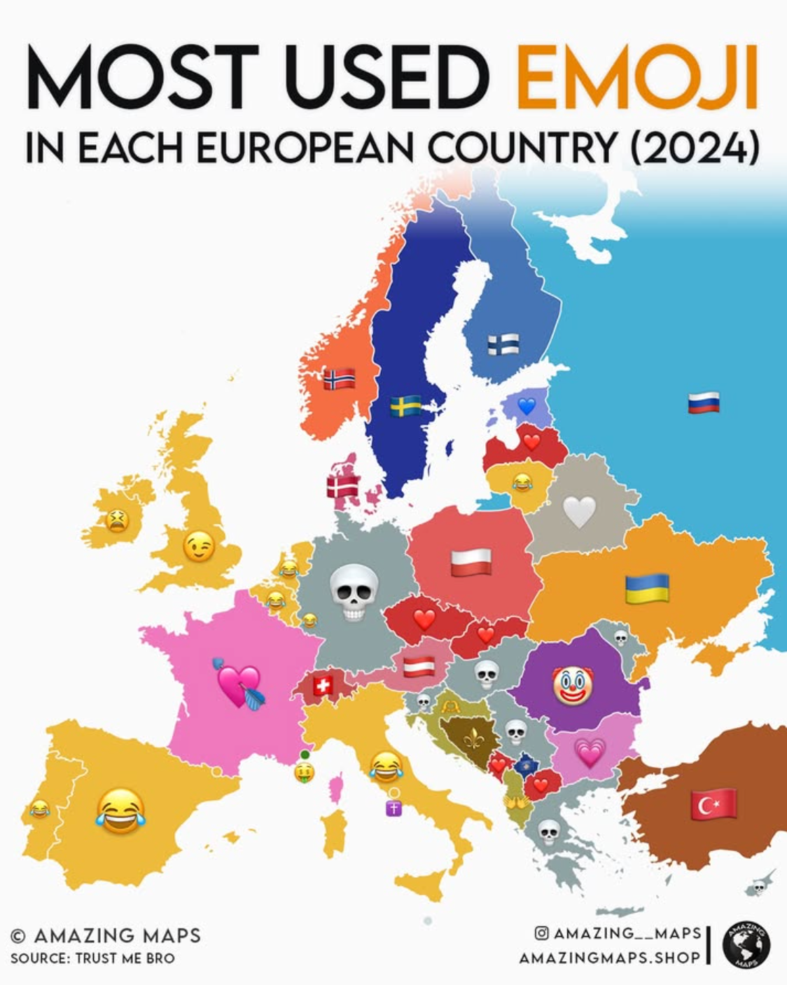 Mapa najpoužívanejších emoji.