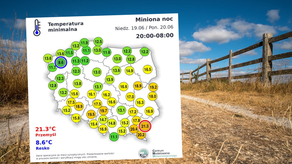 Upały w Polsce. Pojawiły się noce tropikalne (mapa: Twitter.com/IMGWmeteo)