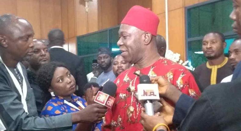 Ekweremadu addressing journalists after his loss to Senator Omo-Agege for the seat of Deputy Senate President (Premium Times)