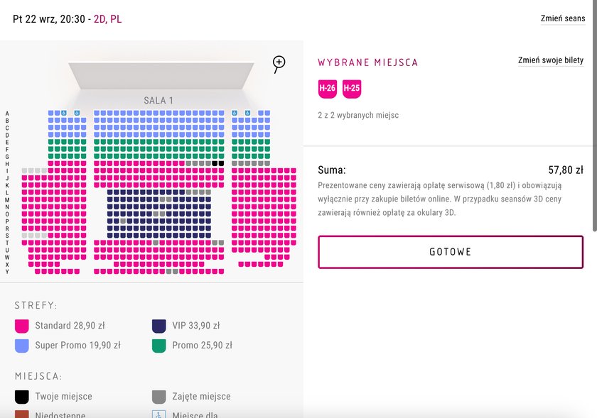 Rezerwacje biletów na film "Zielona granica". Multikino godz. 20.30. Sprzedane miejsca to szare fotele. Dwa bilety na seans kosztują 57 zł i 80 gr.