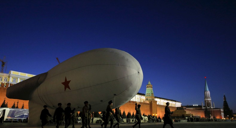 Russian servicemen with a barrage balloon on Red Square in 2015.Reuters