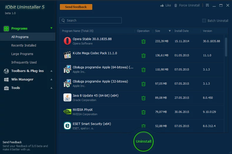 Główne okno programu do deinstalacji oprogramowania - IObit Uninstaller 5 Beta
