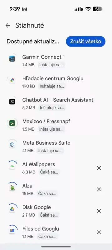 Aktualizácií a inštalácií aplikácií.