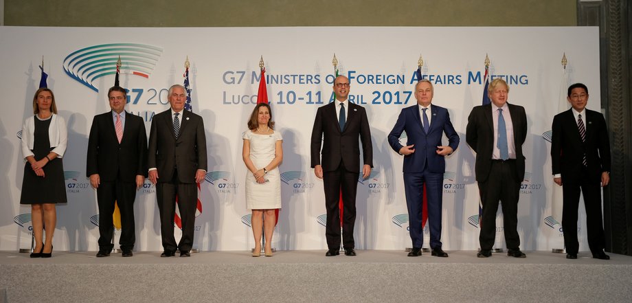 E.U. High Representative for Foreign Affairs Federica Mogherini, German Foreign Minister Sigmar Gabriel, U.S. Secretary of State Rex Tillerson, Canada's Foreign Affairs Minister Chrystia Freeland, Italy's Foreign Minister Angelino Alfano, France's Foreign Minister Jean-Marc Ayrault, Britain's Foreign Secretary Boris Johnson, and Japanese Minister of Foreign Affairs Fumio Kishida pose for a family photo during a G7 for foreign ministers in Lucca, Italy April 11, 2017.