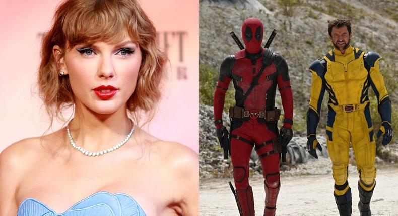 Left: Taylor Swift in October 2023. Right: Ryan Reynolds as Deadpool and Hugh Jackman as Wolverine on the set of Deadpool 3.Matt Winkelmeyer/Getty Images; Deadpool/X