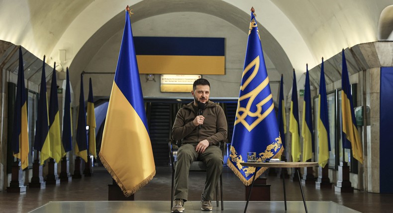 Ukrainian President Volodymyr Zelenskyy at a press conference at a metro station in Kyiv, April 23, 2022.