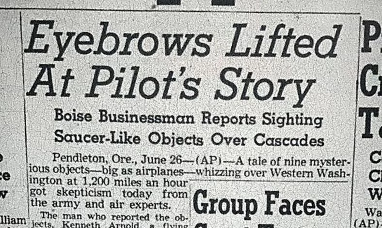 Nagłówek gazety z miejscowości Yakima, gdzie Arnold po raz pierwszy podzielił się relacją ze spotkania z UFO