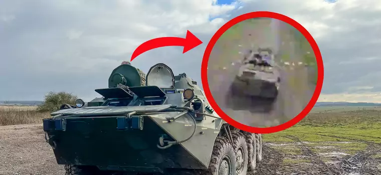 Rosyjski BTR-80 trafiony. Dron kamikadze gonił go wzdłuż drogi