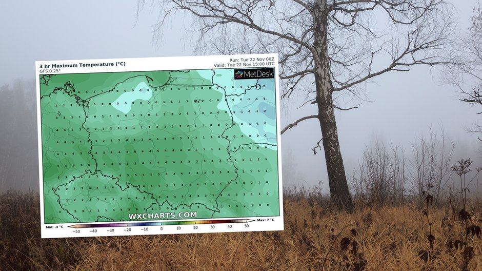 We wtorek do większości Polski wróci jesienna pogoda (mapa: wxcharts.com)