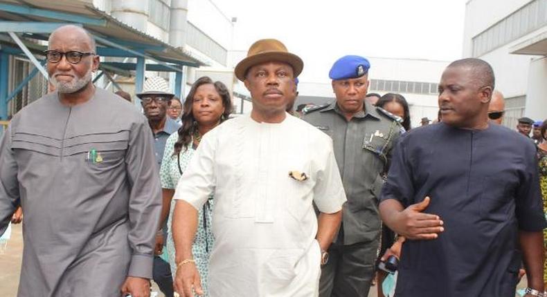 Chief Innocent Chukwuma (R) Chairman Innoson Vehicle Manufacturing with Chief Willie Obiano, Governor of Anambra State (M) during a visit to the auto manufacturing plant in Nnewi [newsghana]