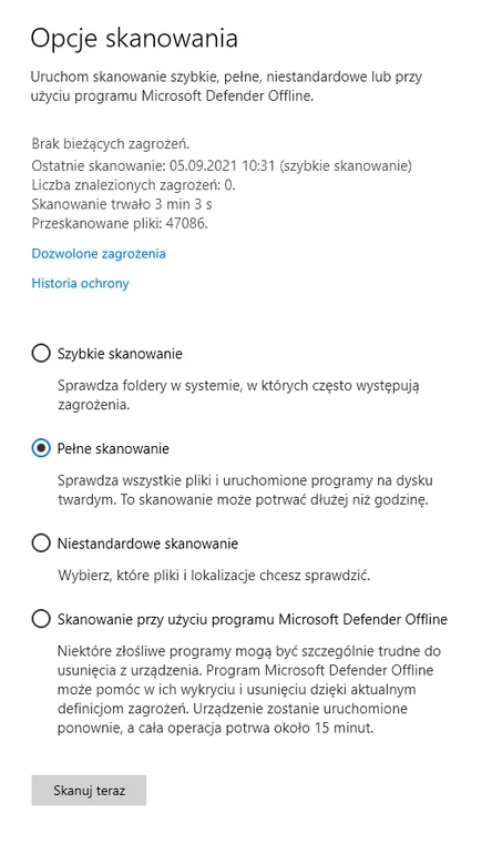 Opcje skanowania Windows Defendera