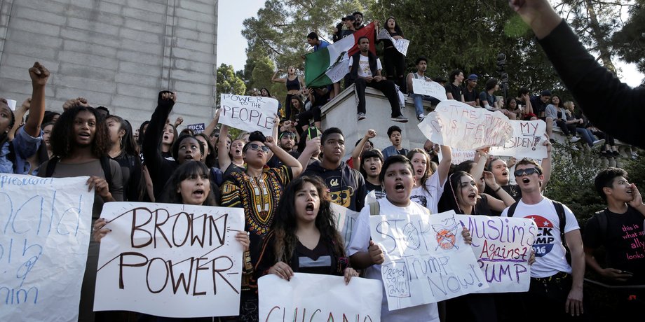 Berkeley High School students protesting the election of Trump in Berkeley, California, on Wednesday.