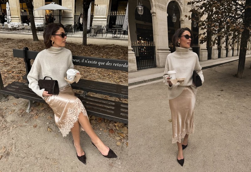 Ako nosiť sukňu s pulóvrom štýlovo.