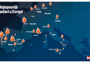 Mapa, šumski požari u Evropi