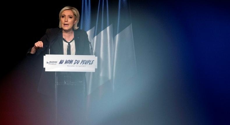 Front National party candiadate Marine Le Pen, pictured on April 5, 2017, was surprised by President Donald Trump's decision to order air strikes in Syria