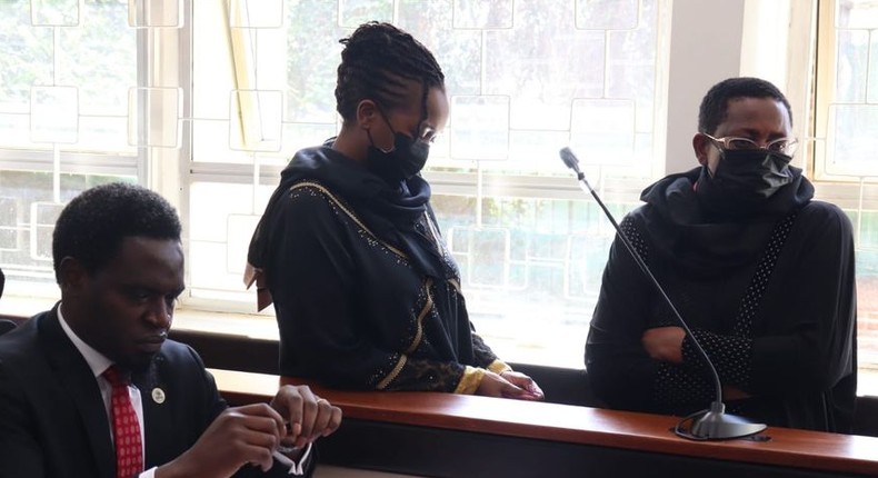 Billionaire Mary Wambui Mungai (r), Purity Njoki Mungai (c), and LSK President Nelson Havi at the Milimani Law Courts on Thursday, December 9, 2021