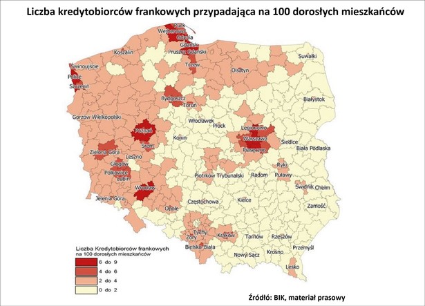 Z danych Biura Informacji Kredytowej wynika, że najwięcej kredytobiorców z kredytem mieszkaniowym denominowanym we franku szwajcarskim, mieszka na terenach Pomorza, Polski Zachodniej, Mazur i Górnego Śląska. Z dużych miast największe zagęszczenie frankowiczów jest w Warszawie (7,6 proc.), Olsztynie (6,8 proc.), Gdańsku (6,3 proc.), Wrocławiu (6,1 proc.), Poznaniu, Szczecinie po (5,5 proc.). Na grafice: Liczba kredytobiorców frankowych przypadająca na 100 dorosłych mieszkańców