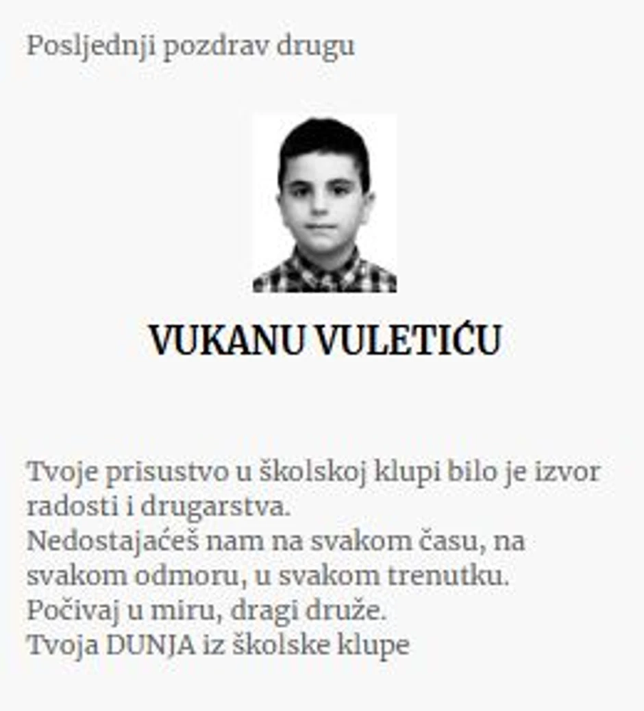 Čitulja posvećena Vukanu Vuletiću 