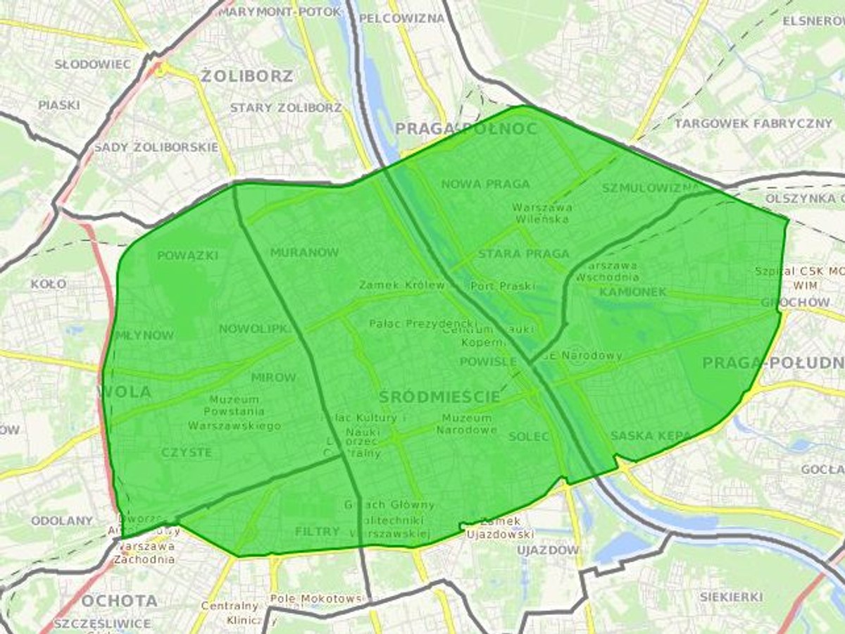 Strefa Czystego Transportu w Warszawie. Źródło: Serwis mapowy UM w Warszawie