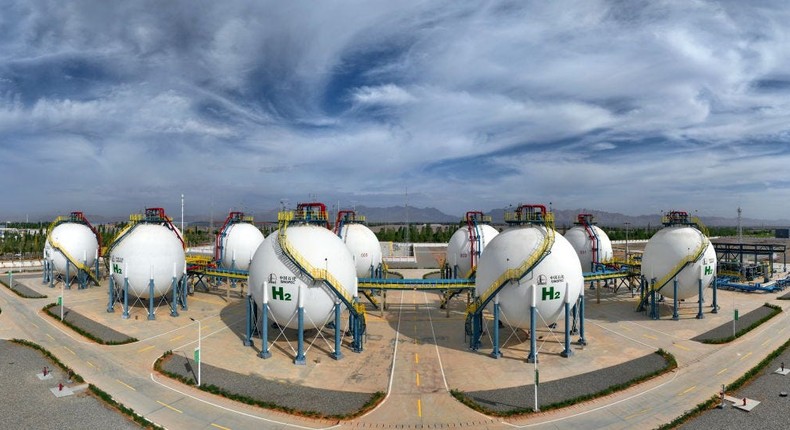 Storage tanks at China's first first solar-powered green hydrogen pilot project in Xinjiang.VCG