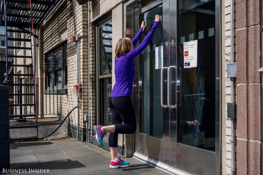 To start off, we'll focus on the ankles. Moffat says strengthening these is key because they help maintain balance. Be sure to keep your standing knee straight for this exercise.