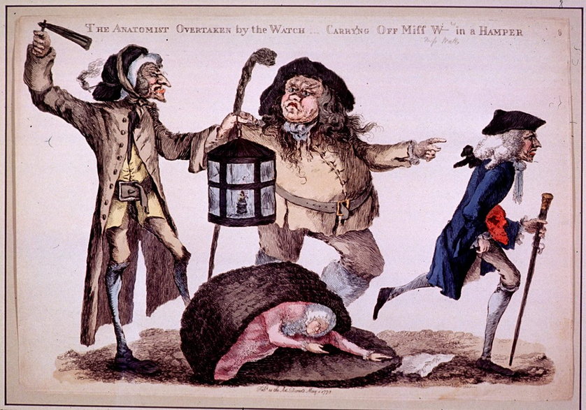 "Anatomista dogoniony przez straż, niosący pannę W w koszu”. Obraz Williama Austina z 1773 r.