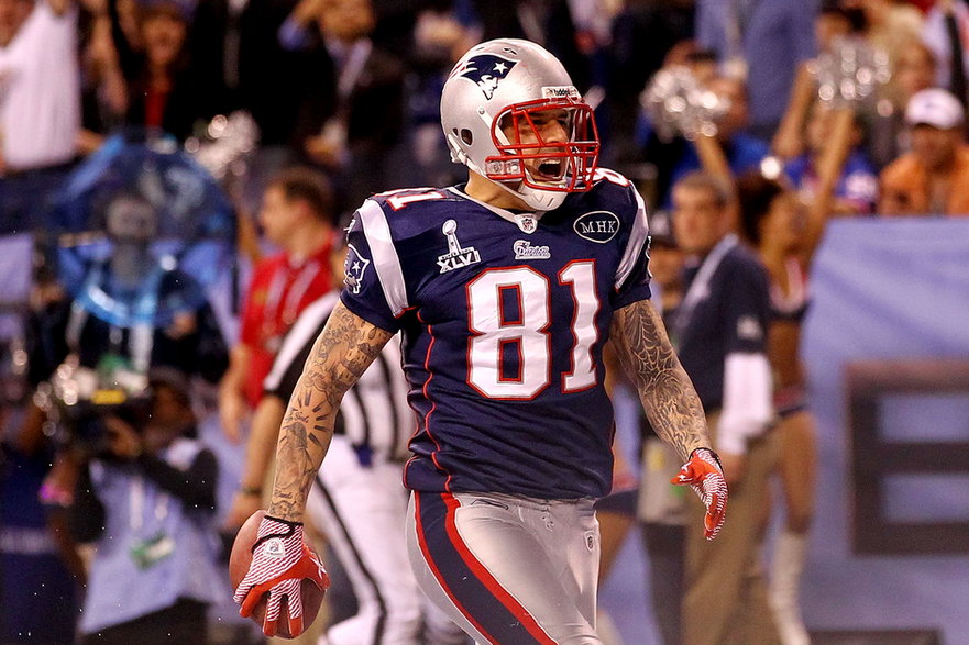 Aaron Hernandez w trakcie finału Super Bowl w 2012 r.