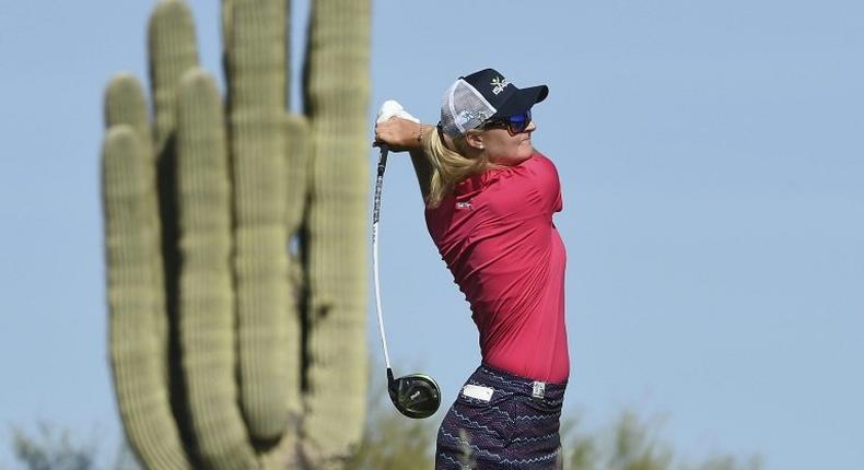 Anna Nordqvist of Sweden hits her drive on the 15th hole during the the third round of the Bank Of Hope Founders Cup, at Wildfire Golf Club at the JW Marriott Desert Ridge Resort in Phoenix, Arizona, on March 18, 2017