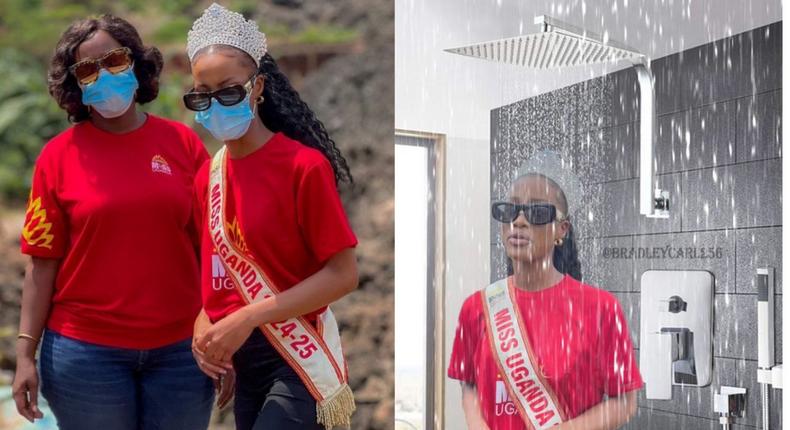 Left: Miss Uganda CEO Brendah Nanyonjo with Miss Uganda Natasha Nyonyozi (image credit: @NatashaNyonyozi/X). Right: Photoshopped image of Natasha Nyonyozi [Credit: @BradleyCarl256)