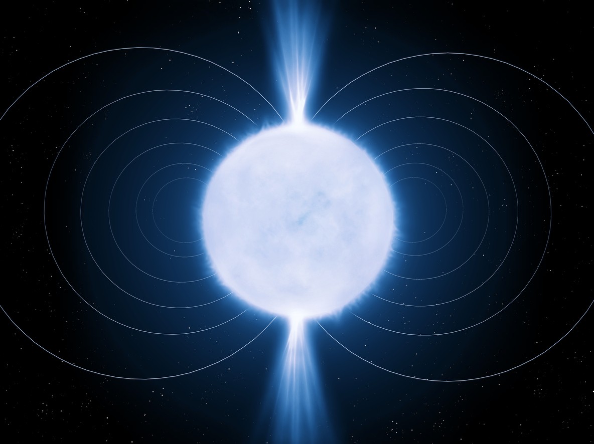 Umelecká vizualizácia magnetaru, mimoriadne hustej neutrónovej hviezdy s extrémne silným magnetickým poľom. Vedci predpokladajú, že práve magnetary môžu byť zdrojom mnohých rýchlych rádiových zábleskov, akým je aj signál FRB 20240304B, ktorý putoval vesmírom viac než 10 miliárd rokov. Jeho presný pôvod však zatiaľ nie je potvrdený. (Ilustračný obrázok)