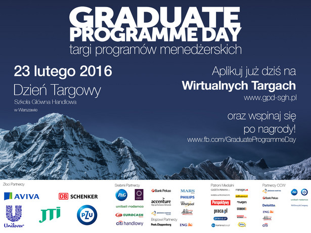 Odwiedź już teraz Wirtualne Targi Pracy Graduate Programme Day na gpd-sgh.pl i sprawdź, co oferuję 20 najlepszych firm z różnych branż.